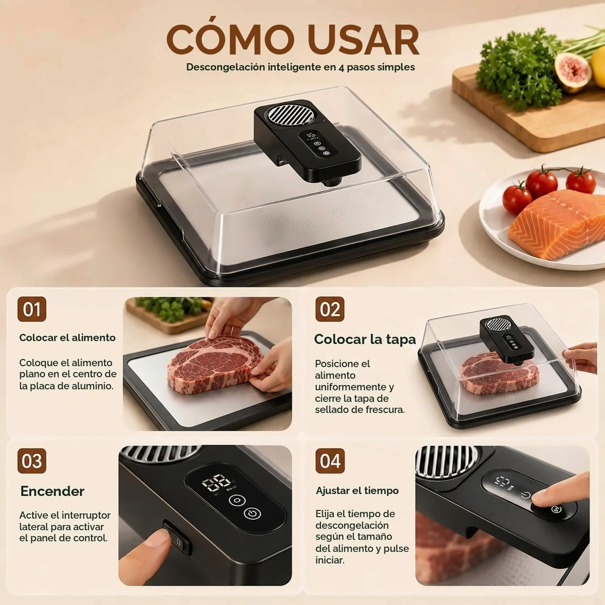 Bandeja descongeladora rápida que mantiene la comida jugosa