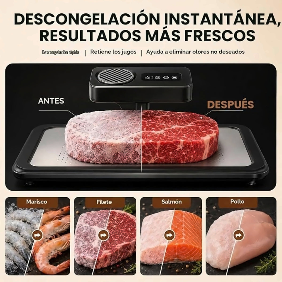 Bandeja descongeladora rápida que mantiene la comida jugosa